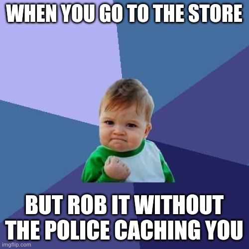 Going to the store but | WHEN YOU GO TO THE STORE; BUT ROB IT WITHOUT THE POLICE CACHING YOU | image tagged in memes,success kid | made w/ Imgflip meme maker