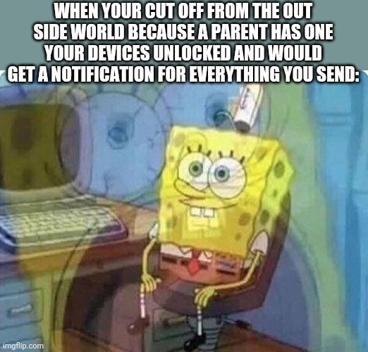 spongebob screaming inside | WHEN YOUR CUT OFF FROM THE OUT SIDE WORLD BECAUSE A PARENT HAS ONE YOUR DEVICES UNLOCKED AND WOULD GET A NOTIFICATION FOR EVERYTHING YOU SEND: | image tagged in spongebob screaming inside,spongebob,parents,my pc,internal screaming | made w/ Imgflip meme maker