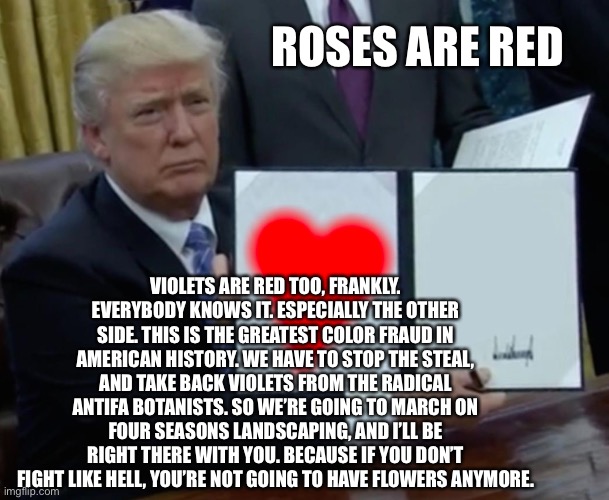 The bigliest valentine ever | ROSES ARE RED; VIOLETS ARE RED TOO, FRANKLY. EVERYBODY KNOWS IT. ESPECIALLY THE OTHER SIDE. THIS IS THE GREATEST COLOR FRAUD IN AMERICAN HISTORY. WE HAVE TO STOP THE STEAL, AND TAKE BACK VIOLETS FROM THE RADICAL ANTIFA BOTANISTS. SO WE’RE GOING TO MARCH ON FOUR SEASONS LANDSCAPING, AND I’LL BE RIGHT THERE WITH YOU. BECAUSE IF YOU DON’T FIGHT LIKE HELL, YOU’RE NOT GOING TO HAVE FLOWERS ANYMORE. | image tagged in trump,valentine's day | made w/ Imgflip meme maker