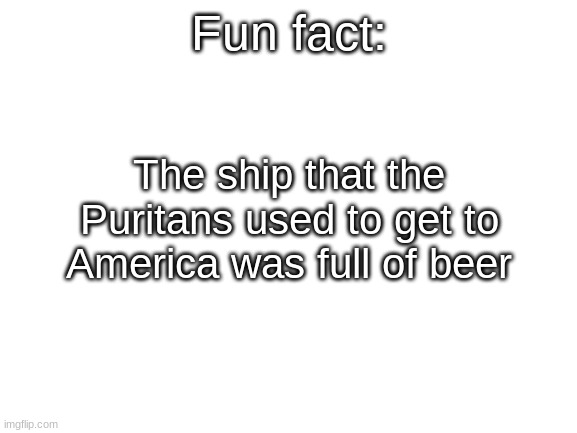 A cool fact | Fun fact:; The ship that the Puritans used to get to America was full of beer | image tagged in blank white template,fun fact | made w/ Imgflip meme maker