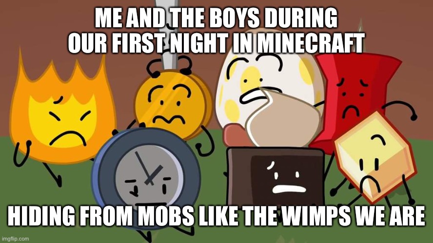 E | ME AND THE BOYS DURING OUR FIRST NIGHT IN MINECRAFT; HIDING FROM MOBS LIKE THE WIMPS WE ARE | image tagged in bfb | made w/ Imgflip meme maker