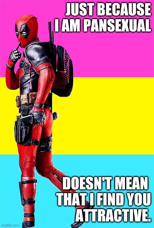 DEADPOOL Pansexual | JUST BECAUSE I AM PANSEXUAL; DOESN'T MEAN 
THAT I FIND YOU
 ATTRACTIVE. | image tagged in deadpool pansexual | made w/ Imgflip meme maker