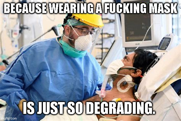 BECAUSE WEARING A FUCKING MASK; IS JUST SO DEGRADING. | made w/ Imgflip meme maker