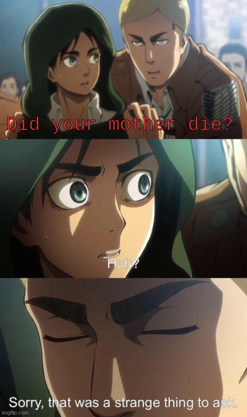 When erwin trys to act casual | Did your mother die? | image tagged in strange question attack on titan | made w/ Imgflip meme maker