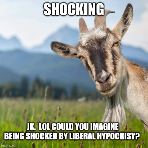 creepy condescending goat | SHOCKING JK.  LOL COULD YOU IMAGINE BEING SHOCKED BY LIBERAL HYPOCRISY? | image tagged in creepy condescending goat | made w/ Imgflip meme maker