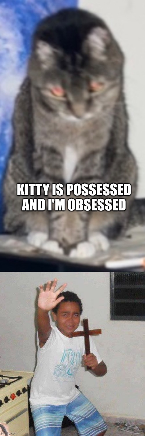 Roses are red violets are blue... | KITTY IS POSSESSED AND I'M OBSESSED | image tagged in kid with cross,cats,cat,possessed,demon | made w/ Imgflip meme maker