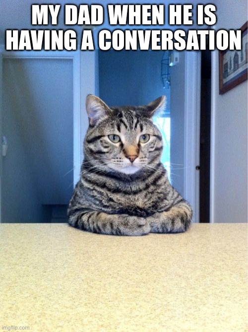 Take A Seat Cat Meme | MY DAD WHEN HE IS HAVING A CONVERSATION | image tagged in memes,take a seat cat | made w/ Imgflip meme maker