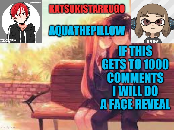 KatsukiStarkugoXAquathepillow | IF THIS GETS TO 1000 COMMENTS I WILL DO A FACE REVEAL | image tagged in katsukistarkugoxaquathepillow | made w/ Imgflip meme maker