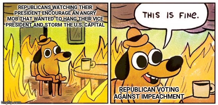 Republican Impeachment Votes | REPUBLICANS WATCHING THEIR PRESIDENT ENCOURAGE AN ANGRY MOB THAT WANTED TO HANG THEIR VICE PRESIDENT AND STORM THE U.S. CAPITAL; REPUBLICAN VOTING AGAINST IMPEACHMENT | image tagged in memes,this is fine,impeachment,vote | made w/ Imgflip meme maker