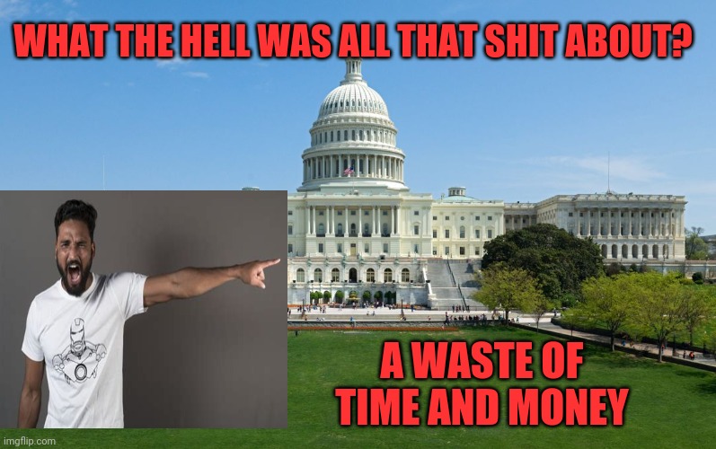 What in the Ned were they hoping to accompish? | WHAT THE HELL WAS ALL THAT SHIT ABOUT? A WASTE OF TIME AND MONEY | image tagged in capitol hill,trump acquitted | made w/ Imgflip meme maker