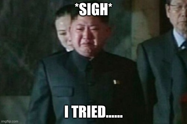 Kim Jong Un Sad Meme | *SIGH*; I TRIED...... | image tagged in memes,kim jong un sad | made w/ Imgflip meme maker