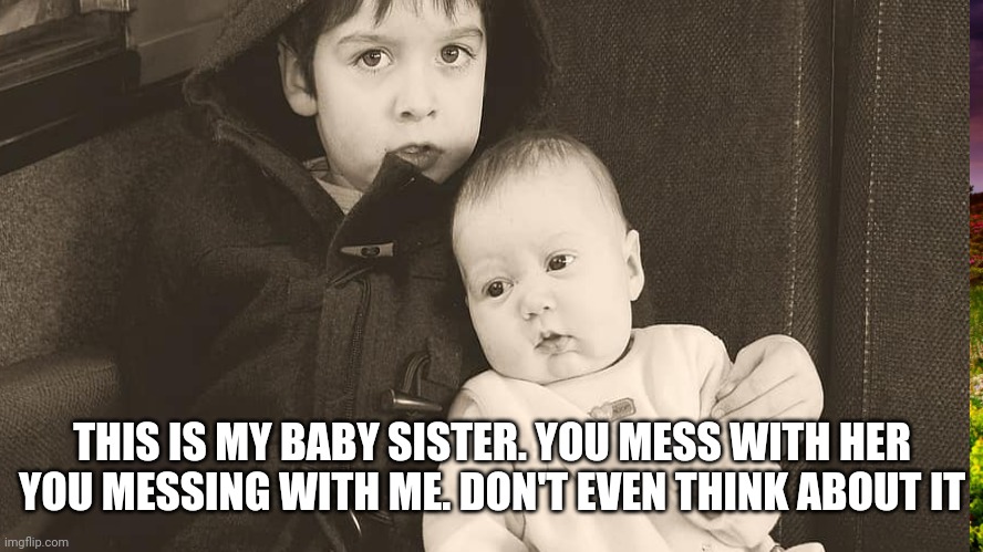 Baby Sister | THIS IS MY BABY SISTER. YOU MESS WITH HER YOU MESSING WITH ME. DON'T EVEN THINK ABOUT IT | image tagged in big brother,fun,baby sister | made w/ Imgflip meme maker