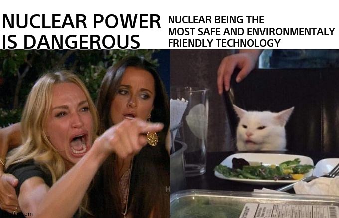 Woman Yelling At Cat Meme |  NUCLEAR POWER IS DANGEROUS; NUCLEAR BEING THE MOST SAFE AND ENVIRONMENTALY FRIENDLY TECHNOLOGY | image tagged in memes,woman yelling at cat | made w/ Imgflip meme maker