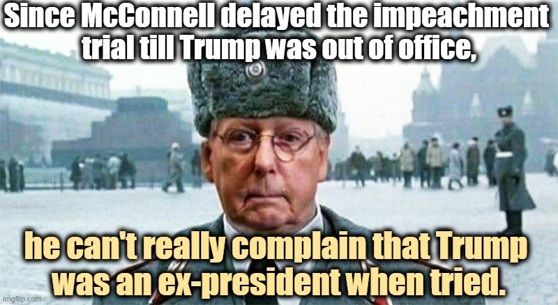 It's Mitch's damned fault. | Since McConnell delayed the impeachment 
trial till Trump was out of office, he can't really complain that Trump 
was an ex-president when tried. | image tagged in moscow mitch,weak | made w/ Imgflip meme maker