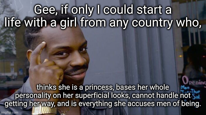 Guy can dream. | Gee, if only I could start a life with a girl from any country who, thinks she is a princess, bases her whole personality on her superficial looks, cannot handle not getting her way, and is everything she accuses men of being. | image tagged in memes,roll safe think about it | made w/ Imgflip meme maker