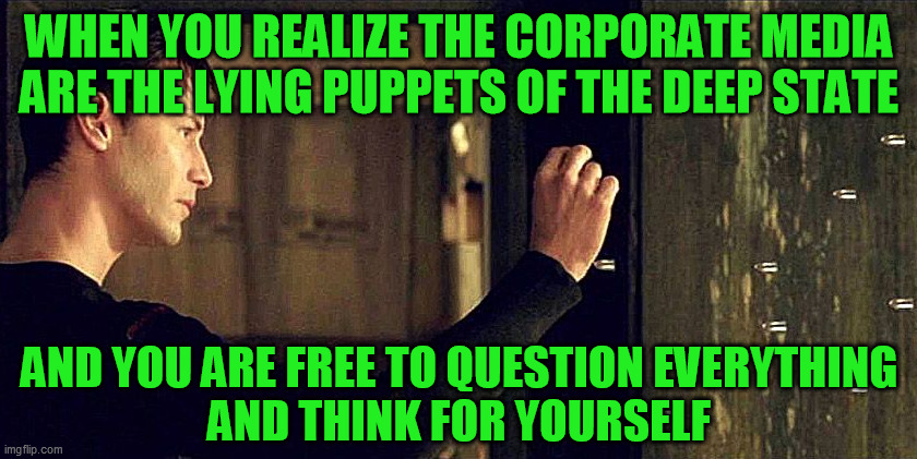 Their 180° reversal after politicizing HCQ against Trump as "dangerous" and "unproven" is only one obvious lie among thousands | WHEN YOU REALIZE THE CORPORATE MEDIA ARE THE LYING PUPPETS OF THE DEEP STATE; AND YOU ARE FREE TO QUESTION EVERYTHING
AND THINK FOR YOURSELF | image tagged in neo bullets side view,deep state,controlled media,corporatocracy,free speech,press | made w/ Imgflip meme maker
