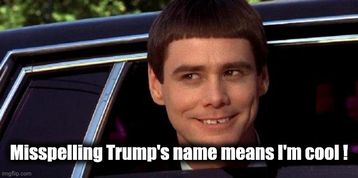 dumb and dumber | Misspelling Trump's name means I'm cool ! | image tagged in dumb and dumber | made w/ Imgflip meme maker