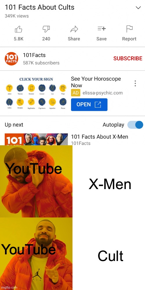 Wait the US military is right | X-Men; YouTube; Cult; YouTube | image tagged in memes,drake hotline bling,xmen,cult,youtube,why are you reading this | made w/ Imgflip meme maker