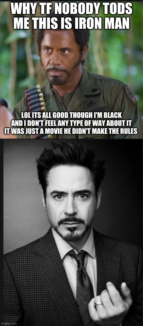 my life is a lie | WHY TF NOBODY TODS ME THIS IS IRON MAN; LOL ITS ALL GOOD THOUGH I'M BLACK AND I DON'T FEEL ANY TYPE OF WAY ABOUT IT IT WAS JUST A MOVIE HE DIDN'T MAKE THE RULES | image tagged in robert downey jr,funny meme | made w/ Imgflip meme maker