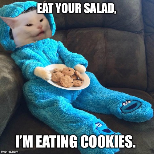 Smudge-Not-Caring-About-It | EAT YOUR SALAD, I’M EATING COOKIES. | image tagged in smudge-not-caring-about-it | made w/ Imgflip meme maker