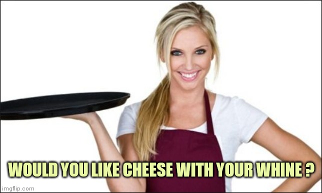 waitress | WOULD YOU LIKE CHEESE WITH YOUR WHINE ? | image tagged in waitress | made w/ Imgflip meme maker