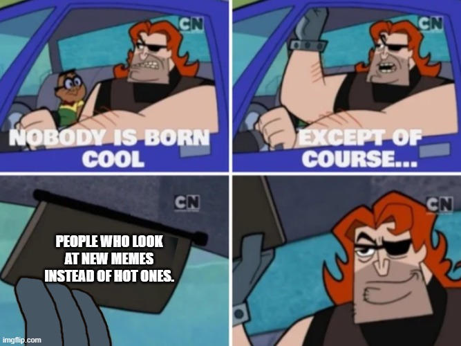 Nobody is born cool | PEOPLE WHO LOOK AT NEW MEMES INSTEAD OF HOT ONES. | image tagged in nobody is born cool | made w/ Imgflip meme maker