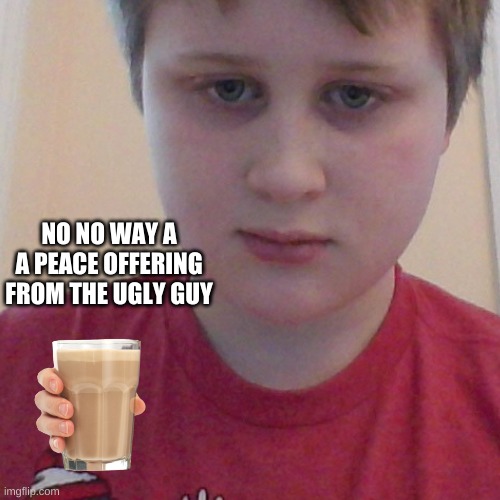 upvotes for choccy milk | NO NO WAY A A PEACE OFFERING FROM THE UGLY GUY | image tagged in lol | made w/ Imgflip meme maker