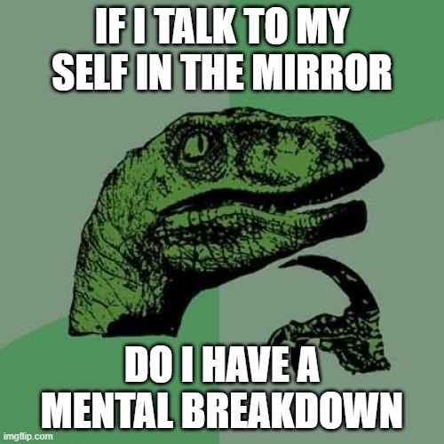 Philosoraptor | IF I TALK TO MY SELF IN THE MIRROR; DO I HAVE A MENTAL BREAKDOWN | image tagged in memes,philosoraptor | made w/ Imgflip meme maker