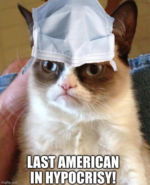 Last American in Hypocrisy! | LAST AMERICAN IN HYPOCRISY! | image tagged in grumpy cat,covid19,coronavirus,mask | made w/ Imgflip meme maker