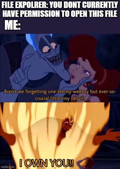 Hades I own you | FILE EXPOLRER: YOU DONT CURRENTLY HAVE PERMISSION TO OPEN THIS FILE; ME: | image tagged in hades i own you,disney,computer,task successfuly failed | made w/ Imgflip meme maker