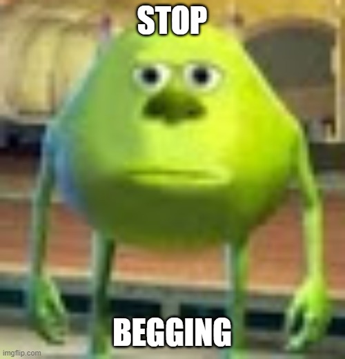STOP BEGGING | image tagged in sully wazowski | made w/ Imgflip meme maker