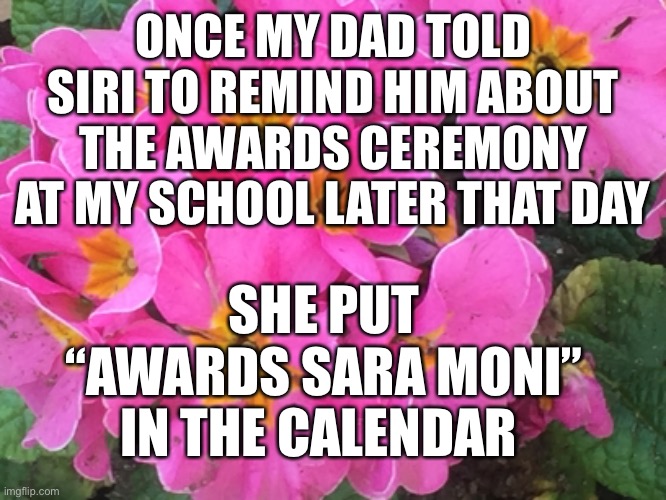 What’s your “stupid Siri” (or whatever you have Google Alexa etc) moment? | ONCE MY DAD TOLD SIRI TO REMIND HIM ABOUT THE AWARDS CEREMONY AT MY SCHOOL LATER THAT DAY; SHE PUT “AWARDS SARA MONI” IN THE CALENDAR | image tagged in siri,ceremony,sara moni,virtual assistant,misunderstanding | made w/ Imgflip meme maker