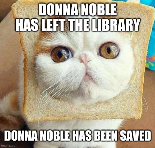 Bread Cat | DONNA NOBLE HAS LEFT THE LIBRARY; DONNA NOBLE HAS BEEN SAVED | image tagged in bread cat,donna noble | made w/ Imgflip meme maker