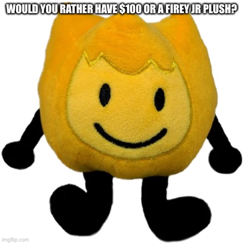 Firey Jr plush | WOULD YOU RATHER HAVE $100 OR A FIREY JR PLUSH? | image tagged in firey jr plush | made w/ Imgflip meme maker