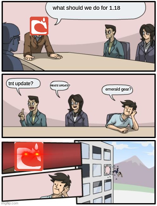 any ideas? | what should we do for 1.18; tnt update? PIRATE UPDATE? emerald gear? | image tagged in boardroom suggestion | made w/ Imgflip meme maker
