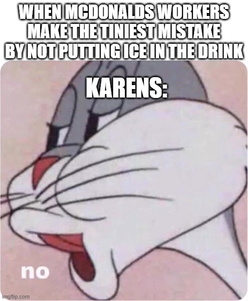 Bugs Bunny No | WHEN MCDONALDS WORKERS MAKE THE TINIEST MISTAKE BY NOT PUTTING ICE IN THE DRINK; KARENS: | image tagged in bugs bunny no | made w/ Imgflip meme maker