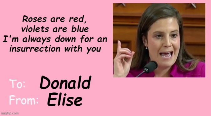 Insurrect me baby | Roses are red, violets are blue
I'm always down for an insurrection with you; Donald
Elise | image tagged in valentine's day card meme | made w/ Imgflip meme maker