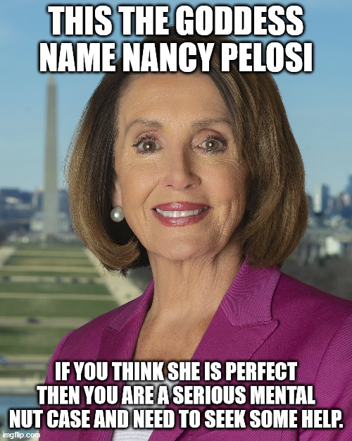 Nancy Pelosi and her insane flock of followers | THIS THE GODDESS NAME NANCY PELOSI; IF YOU THINK SHE IS PERFECT THEN YOU ARE A SERIOUS MENTAL NUT CASE AND NEED TO SEEK SOME HELP. | image tagged in nancy pelosi,mental illness,false idol,goddess,idiots | made w/ Imgflip meme maker
