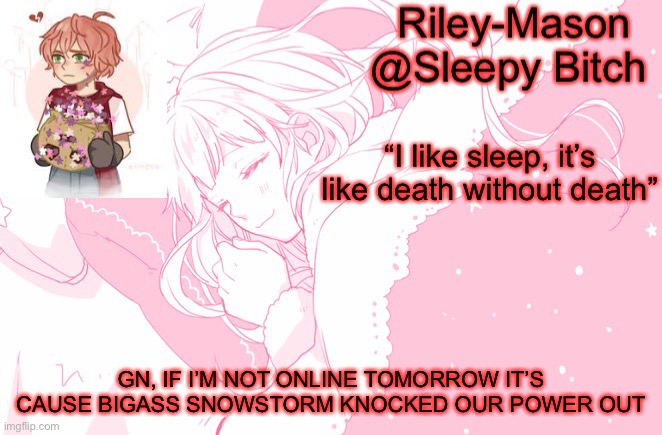 Night temp | GN, IF I’M NOT ONLINE TOMORROW IT’S CAUSE BIGASS SNOWSTORM KNOCKED OUR POWER OUT | image tagged in night temp | made w/ Imgflip meme maker