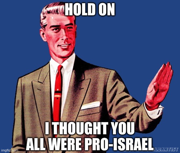 Whoa There Template | HOLD ON I THOUGHT YOU ALL WERE PRO-ISRAEL | image tagged in whoa there template | made w/ Imgflip meme maker