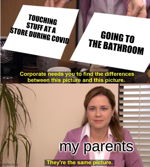 why are my parents like this | TOUCHING STUFF AT A STORE DURING COVID; GOING TO THE BATHROOM; my parents | image tagged in memes,they're the same picture | made w/ Imgflip meme maker