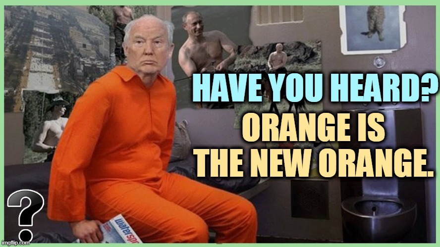 Lock him up! Lock him up! | HAVE YOU HEARD? ORANGE IS THE NEW ORANGE. | image tagged in trump,criminal,jail,prison | made w/ Imgflip meme maker