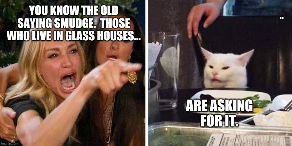 Smudge the cat | J M; YOU KNOW THE OLD SAYING SMUDGE.  THOSE WHO LIVE IN GLASS HOUSES... ARE ASKING FOR IT. | image tagged in smudge the cat | made w/ Imgflip meme maker