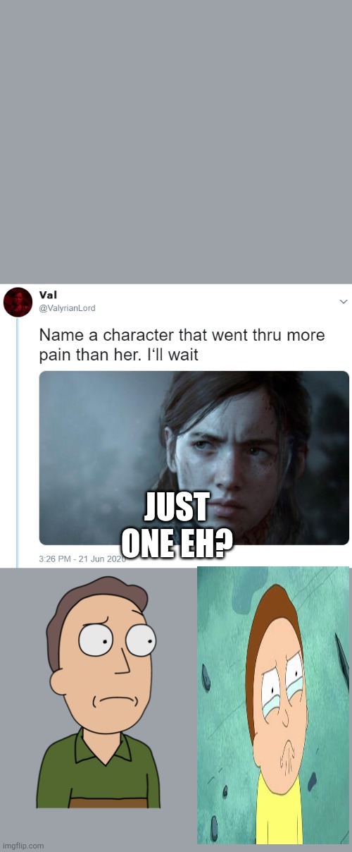 Name one character who went through more pain than her |  JUST ONE EH? | image tagged in name one character who went through more pain than her,rickandmortymemes | made w/ Imgflip meme maker