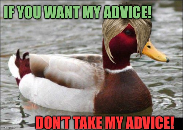 Malicious Advice Mallard Meme | IF YOU WANT MY ADVICE! DON’T TAKE MY ADVICE! | image tagged in memes,malicious advice mallard | made w/ Imgflip meme maker