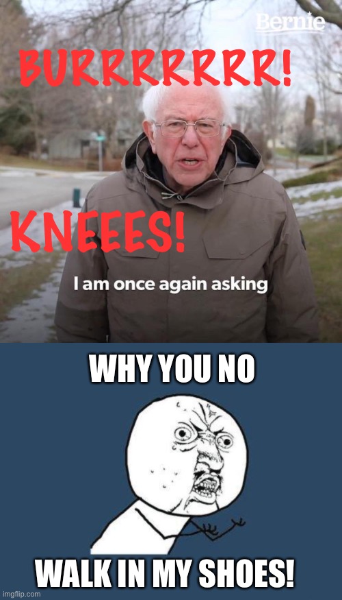 Burr Knees | BURRRRRRR! KNEEES! WHY YOU NO; WALK IN MY SHOES! | image tagged in bernie i am once again asking for your support,why you no,burr,bernie sanders mittens,yuno | made w/ Imgflip meme maker