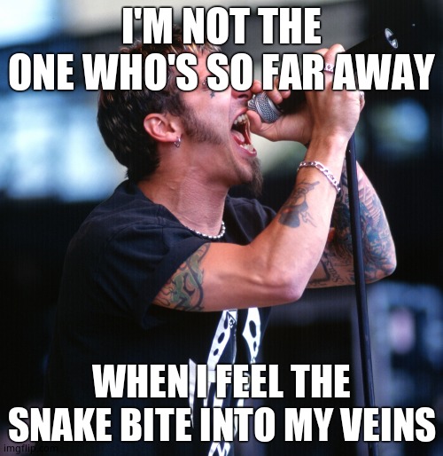 Godsmack | I'M NOT THE ONE WHO'S SO FAR AWAY; WHEN I FEEL THE SNAKE BITE INTO MY VEINS | image tagged in godsmack | made w/ Imgflip meme maker