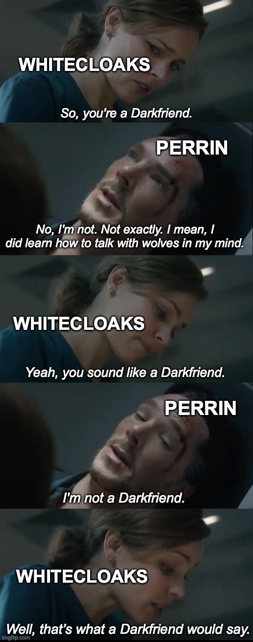 WHITECLOAKS; So, you're a Darkfriend. PERRIN; No, I'm not. Not exactly. I mean, I did learn how to talk with wolves in my mind. WHITECLOAKS; Yeah, you sound like a Darkfriend. PERRIN; I'm not a Darkfriend. WHITECLOAKS; Well, that’s what a Darkfriend would say. | image tagged in doctor strange,dr strange | made w/ Imgflip meme maker