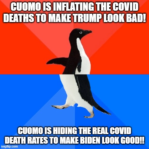 Socially Awesome Awkward Penguin | CUOMO IS INFLATING THE COVID DEATHS TO MAKE TRUMP LOOK BAD! CUOMO IS HIDING THE REAL COVID DEATH RATES TO MAKE BIDEN LOOK GOOD!! | image tagged in memes,socially awesome awkward penguin | made w/ Imgflip meme maker
