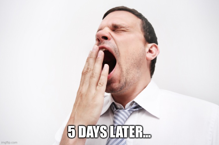 yawn | 5 DAYS LATER... | image tagged in yawn | made w/ Imgflip meme maker